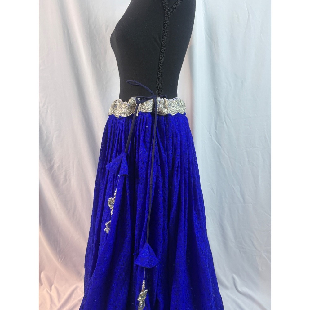 Royal Blue Chikankari Sequin Lehenga Skirt Silver Scalloped Waist Latkan Tassels - Picture 7 of 10